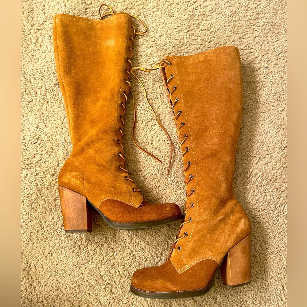 Latigo suede knee high lace up boots